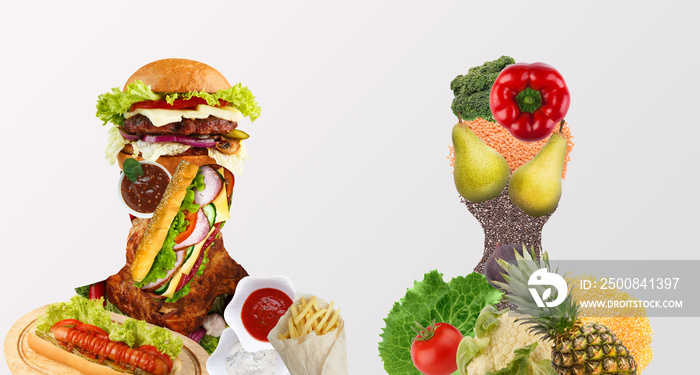 Creative Man and woman of food on white background