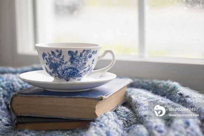 Photograph of a blue teacup in the windowsill on a rainy day