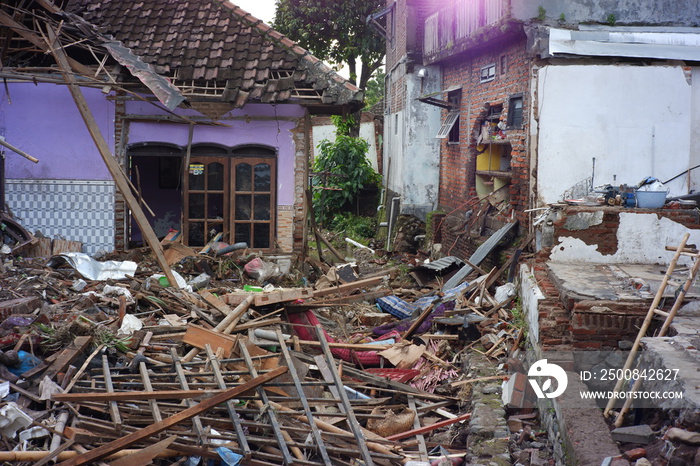 flash floods that destroyed dozens of houses and caused casualties. buildings destroyed after being hit by floods, storms, landslides in the rainy season. a disaster caused by overflowing river water