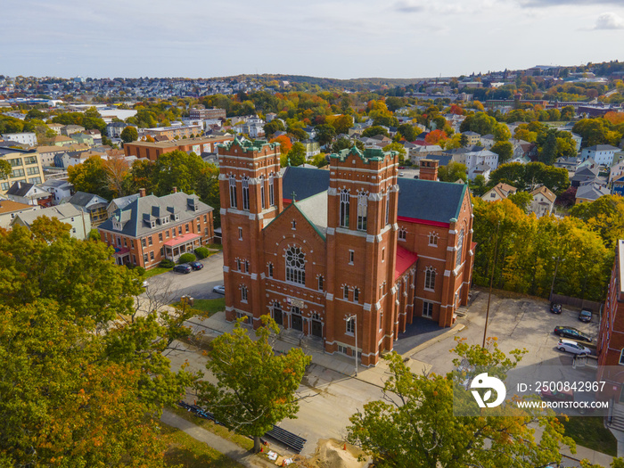 Belmont AME Zion Church aerial view in fall with fall foliage at 55 Illinois Street in city of Worcester, Massachusetts MA, USA.