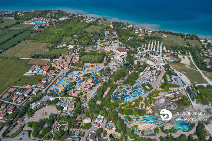 Top view of an amusement park, Lake Garda Italy. Amusement park Italy. Extreme entertainment garda. Panorama at high altitude.  Panorama of Lake Garda Italy.