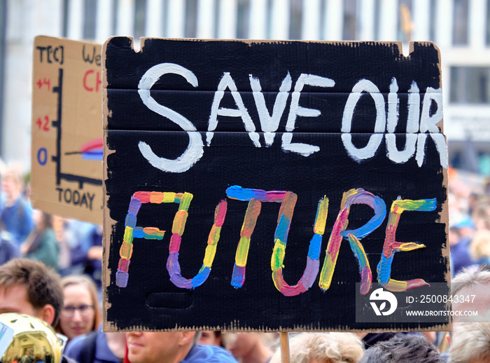 Placard  Save our future  a global climate strike by Brandenburg gate in Berlin