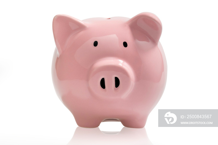 Pink piggy bank on white color background. saving Money concept.