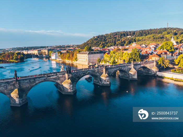 aerial view on sunrise of charles bridge in prague