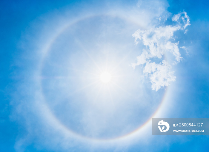 Looking up at Sun halo with circular rainbow at clear sky,natural phenomena