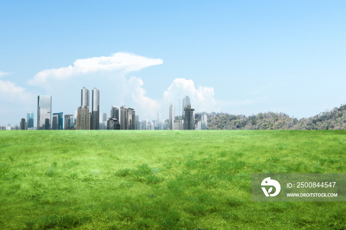 Skyscrapers and modern buildings with green meadow fields