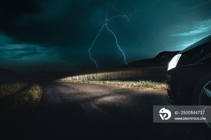 Amazing Weather Storm Photo with Big Bright Lightning Bolt Strike Coming from Dark Moody Sky