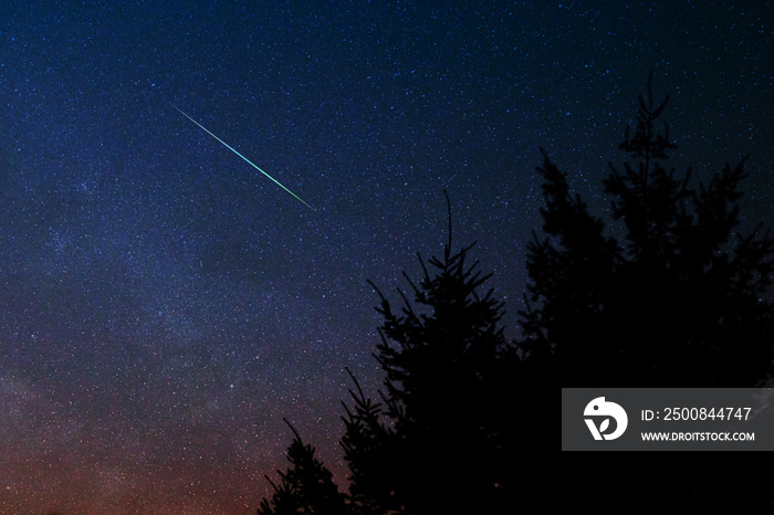 Evening sky with meteor, shooting stars and Milky Way.