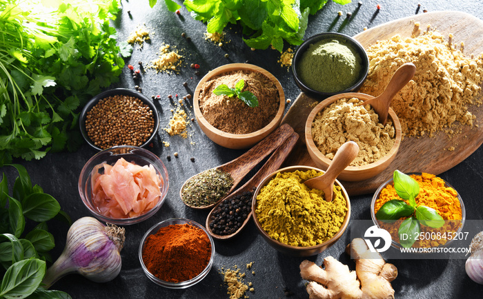 Composition with assortment of spices and herbs