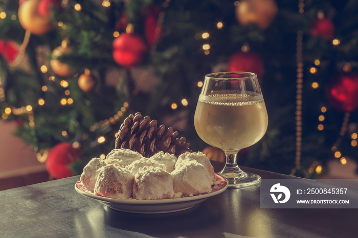 National, Christmas greek cookies   kourabiedes  and a glass of champagne