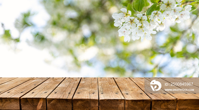 Empty wooden table with spring theme in the background