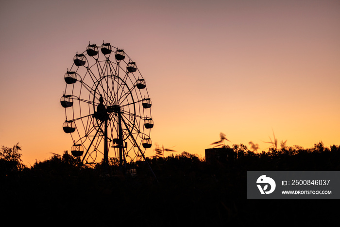 Silhouette of a ferris wheel at sunrise (sunset) of the sun on a background of trees and grass.