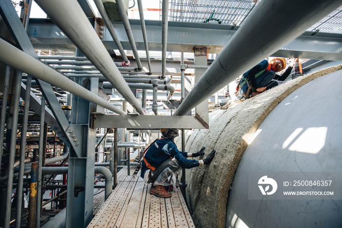 Male workers lay the sheets on the insulation tank.