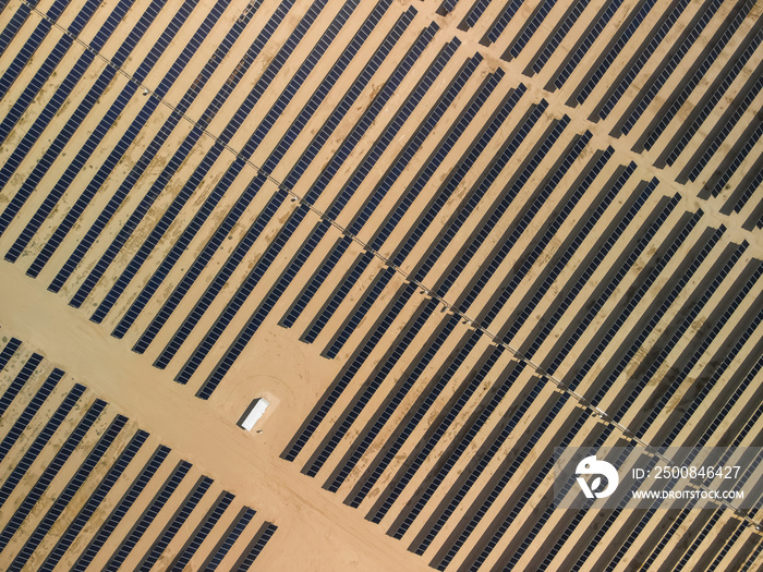 Aerial view of Solar panel rows in California.