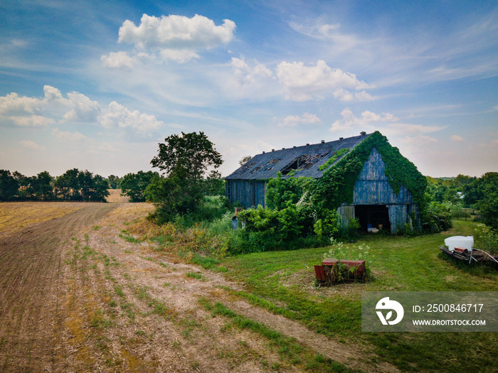 An abandoned barn painted in blue in a middle of agricultural field in rural Kentucky