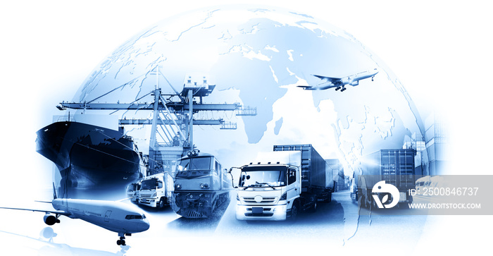 World map with logistic network distribution on background. Logistic and transport concept in front Logistics Industrial Container Cargo freight ship for Concept of fast or instant shipping Online