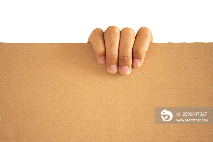 Hands holding blank brown cardboard for mockups and copy space