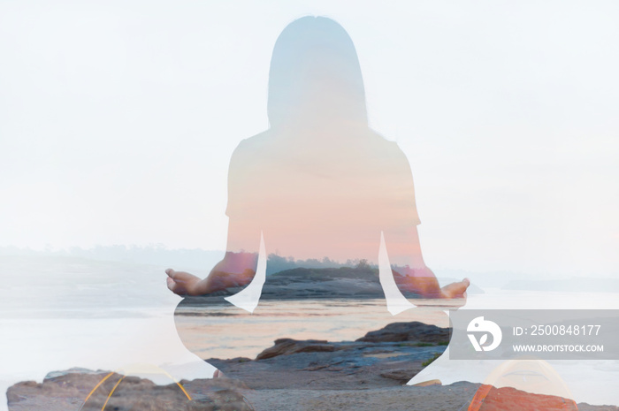 Double exposure of yoga pose landscape