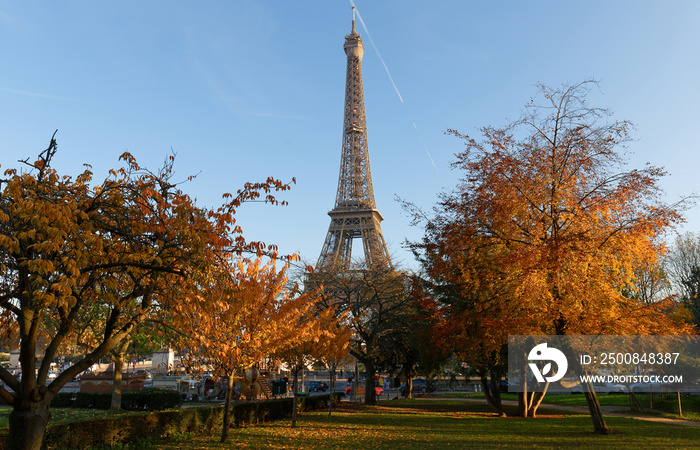 Beautiful view of autumn trees with the Eiffel tower in the foreground in Paris.