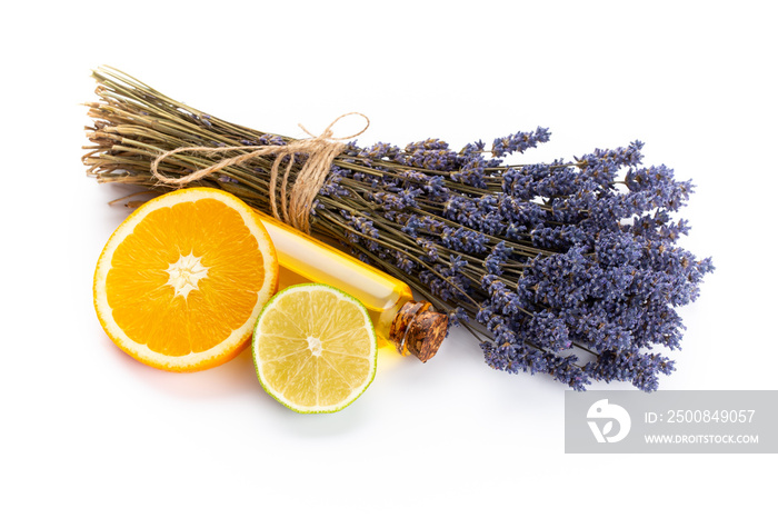 lavender spa products with dried lavender flowers on a isolated background.