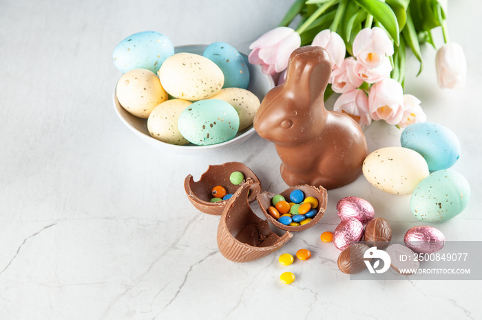 Chocolate Easter bunny and eggs