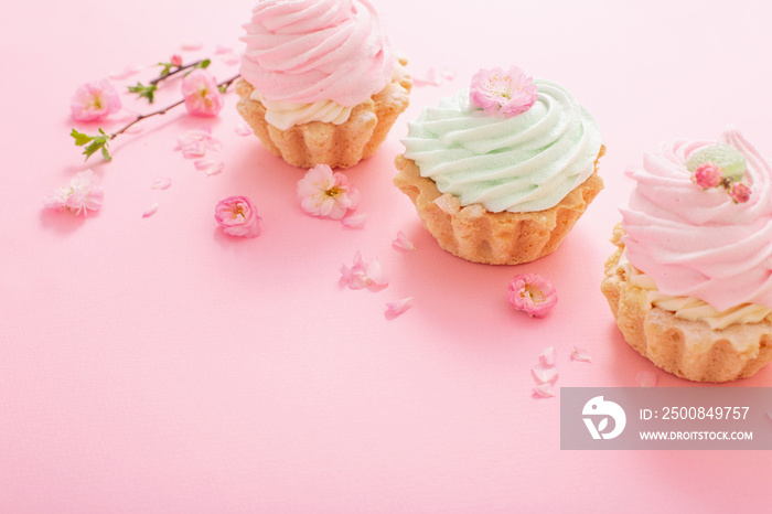 pink and green cupcakes with spring flowers  on pink  background