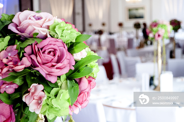 Decorated flower bouquet in a wedding hall