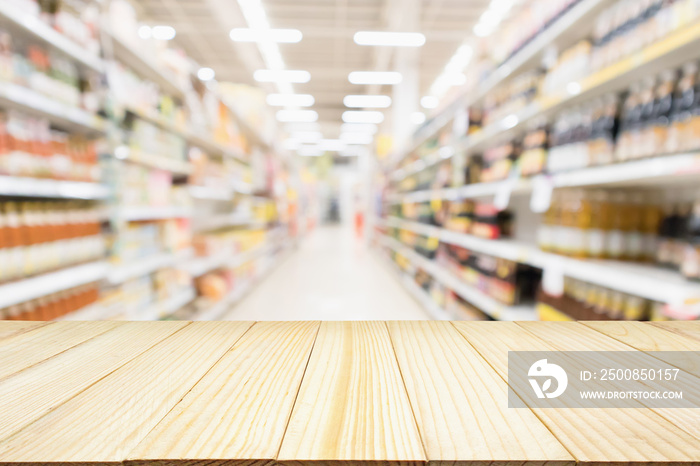 Abstract blur supermarket discount store aisle and product shelves interior defocused background