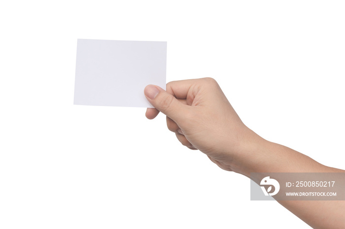 Hand holding white paper isolated on white with clipping path.