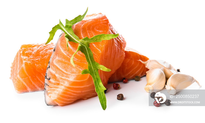 Raw salmon fillet on white background