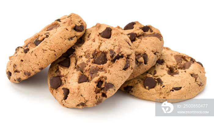 Chocolate chip cookies isolated on white background. Sweet biscuits. Homemade pastry.