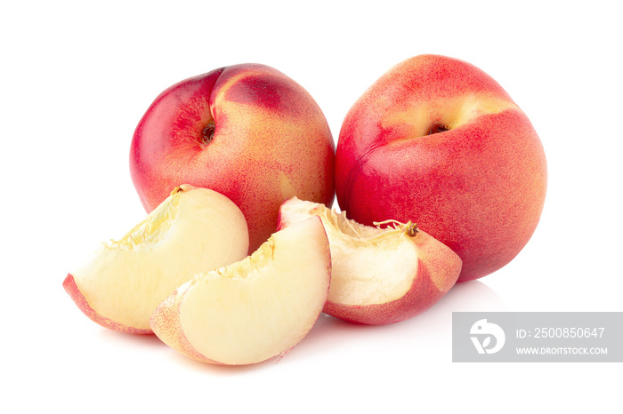 Ripe fresh Nectarine fruit and half Nectarine fruit isolated on white background.