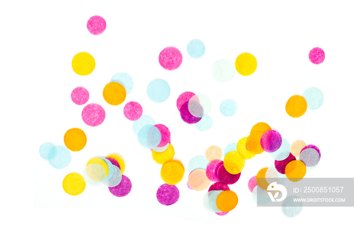 Multicolored confetti on white background. Festive concept.