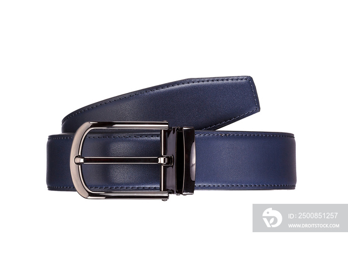 Rolled fashionable men’s blue leather belt with dark matted metal buckle isolated on white