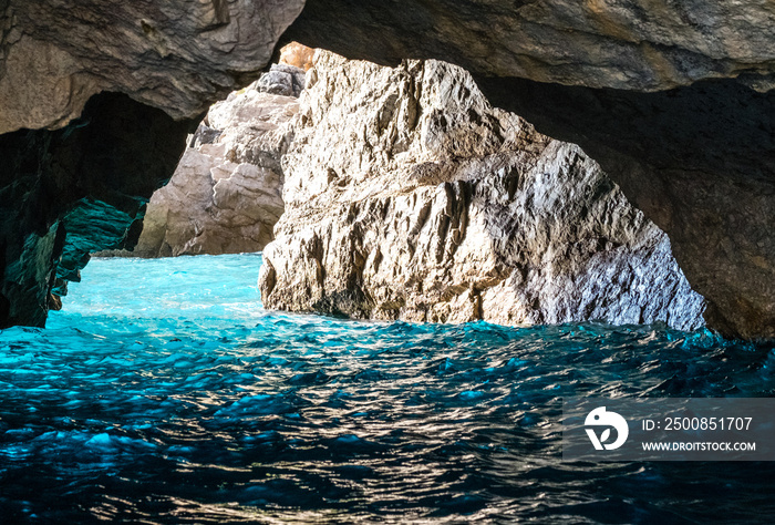 The Green Grotto (also known as The Emerald Grotto), Grotta Verde, on the coast of the island of Capri in the Bay of Naples, Italy.