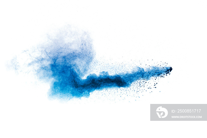 Splash of blue colored powder. Blue powder particles splatter on white blackground.