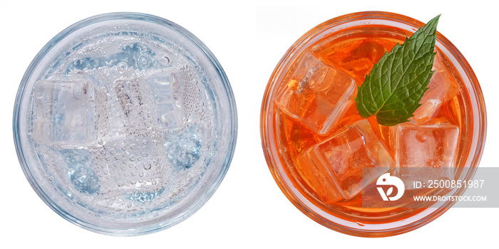 Set of refreshing soft drinks and cocktails with ice in glasses, top view on a white background