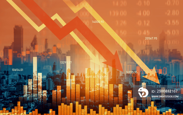 Economic crisis concept shown by declining graphs and digital indicators overlap modernistic city background. Double exposure.