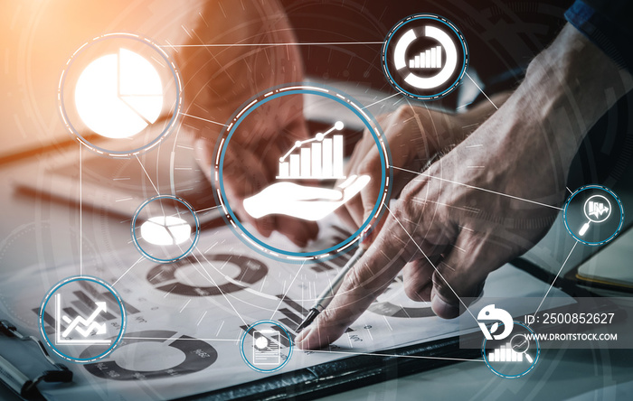 Data Analysis for Business and Finance Concept. Graphic interface showing future computer technology of profit analytic, online marketing research and information report for digital business strategy.