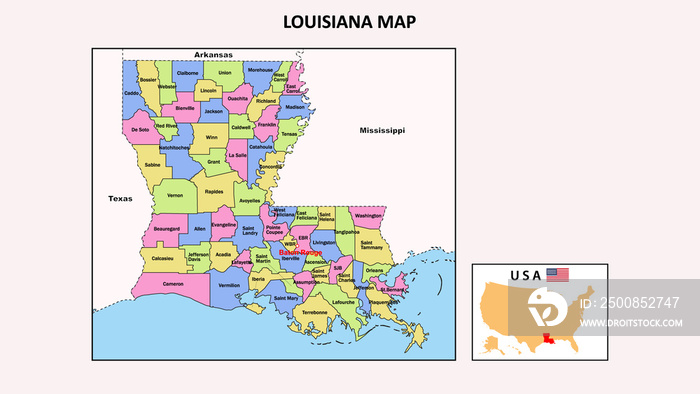 Louisiana Map. State and district map of Louisiana. Political map of Louisiana with neighboring countries and borders.