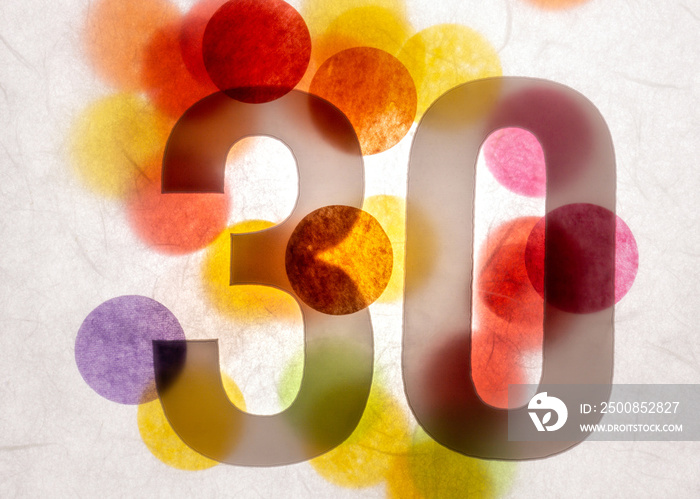 30 number thirty, graphic black digit and creative typography with many colourful wheels, happy birthday