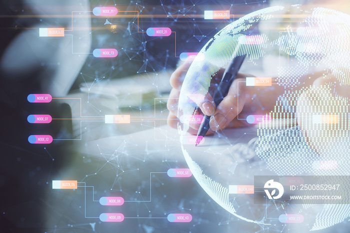 Double exposure of hands making notes with world map hologram and data theme icons. Concept of international network data.