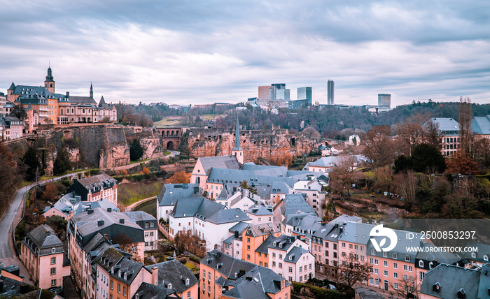 Panoramic view of the skyline of Luxembourg-City with the lower town Grund and the modern Kirchberg business district in the backgrondjpg