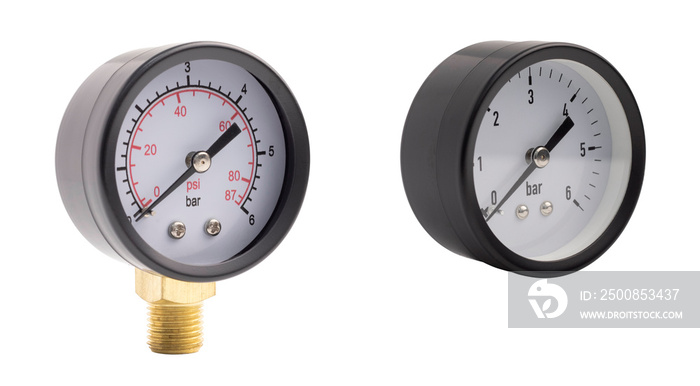 Manometer or air gauge for pressure regulation in pumping station. Two different manometers of black color. Isolated on white background.