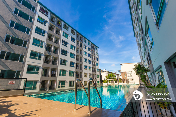 Low rise 8 floor modern condominium building with swimming pool