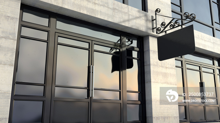 An ornate sign mounted outside a generic unbranded shop facade on the high street in the daytime - 3D render