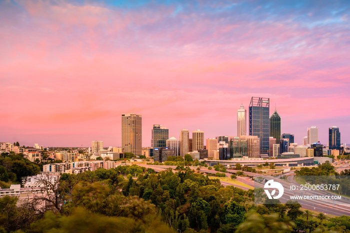 Perth cityscape viewed at sunset from Kings Park. Perth is a modern and vibrant city and is the capital of Western Australia, Australia.