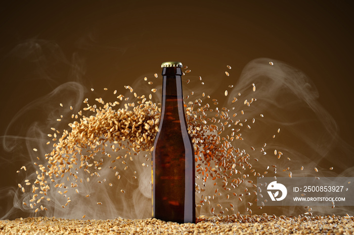 Brown beer bottle with reflections on a  smoke umber  background with heavily scattering wheat grains.