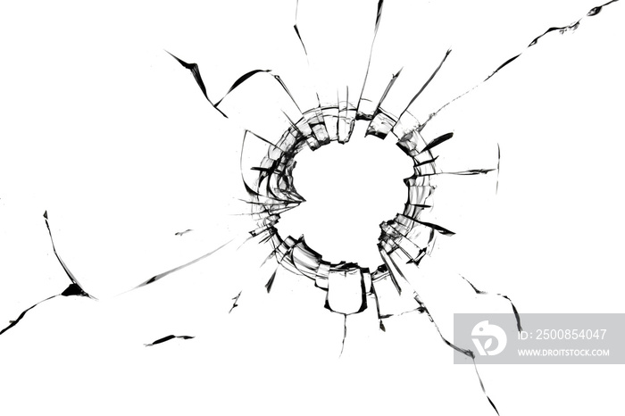 Photo of broken glass with cracked texture on a white background. For design