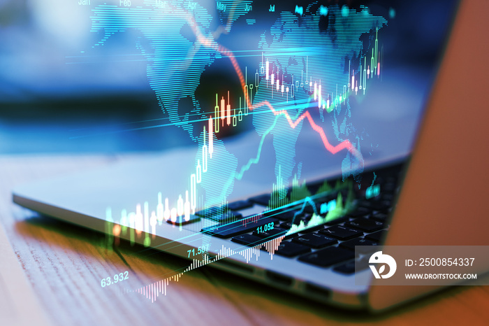 Online trading business concept with hologram world map and forex market chart diagram and candlestick